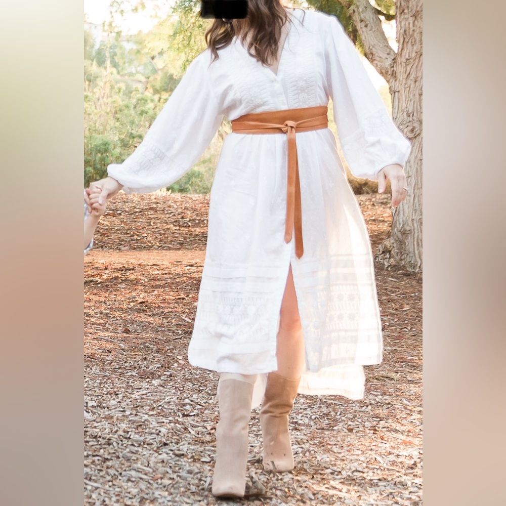 Free People White Long Sleeve Maxi Dress Boho Embroidered M (runs large)